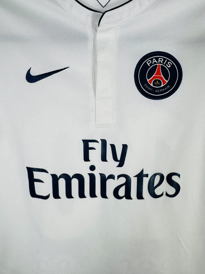 Détail écusson Paris Saint-Germain et logo Nike maillot extérieur 2014-2015