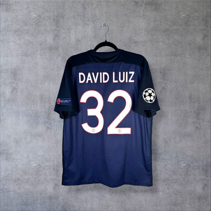 Dos du maillot PSG 2015-2016 domicile avec flocage David Luiz N°32 et patchs Ligue des Champions et RESPECT