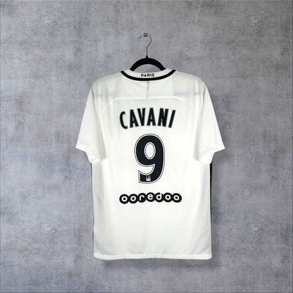 Dos du maillot PSG 2016-2017 third blanc avec flocage Cavani N°9, logo LFP et sponsor dorsal Ooredoo