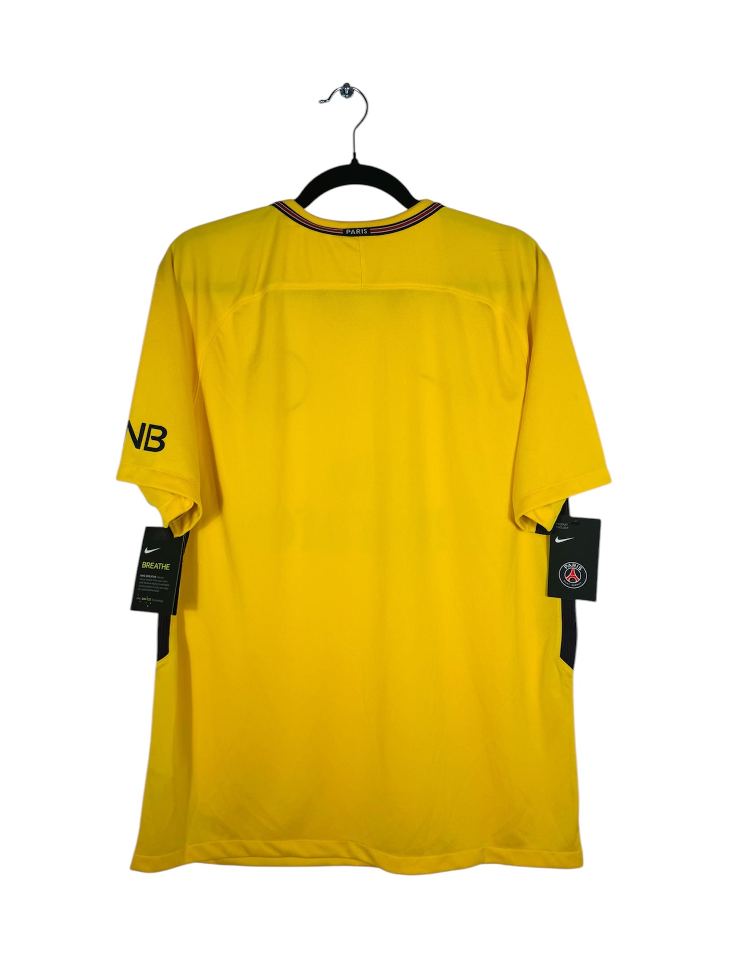 Maillot PSG 2017-2018 Extérieur Nike - Vue arrière, taille L, couleur jaune.