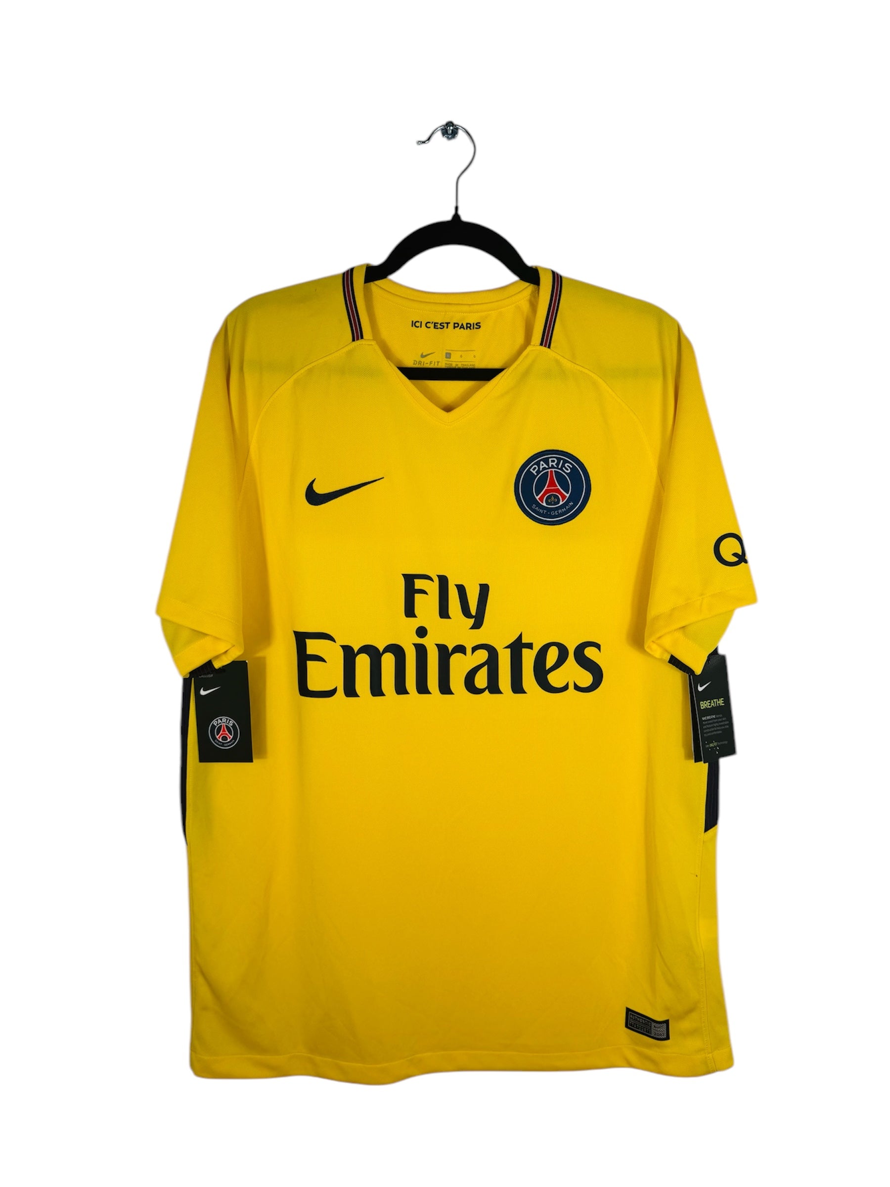 Maillot PSG 2017-2018 Extérieur Nike - Vue avant, taille L, couleur jaune.