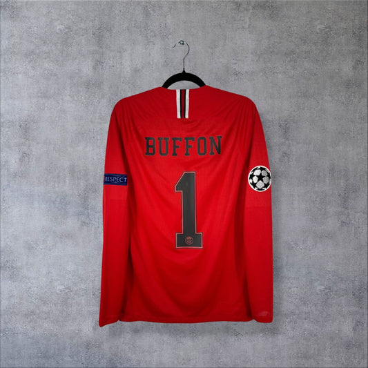 Maillot gardien PSG Jordan 2018-2019 rouge manches longues, dos floqué Buffon 1 et patchs Ligue des champions