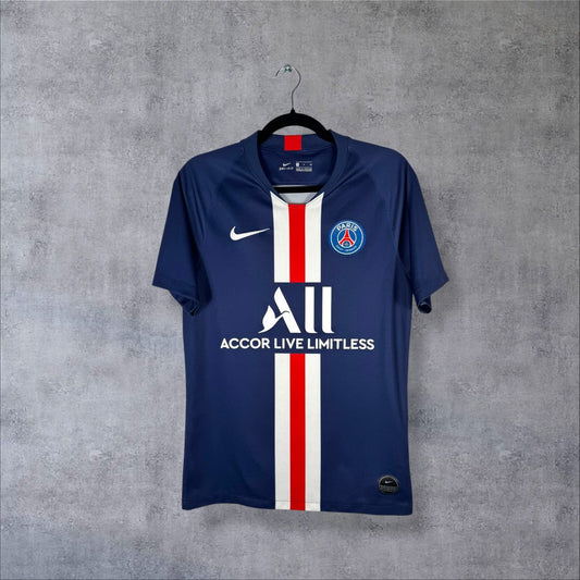 Face du maillot PSG 2019-2020 domicile bleu marine à bande Hechter avec sponsor ALL Accor
