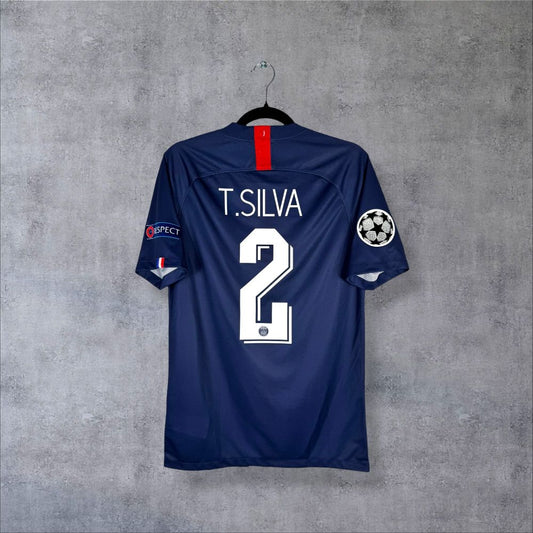 Dos du maillot PSG 2019-2020 domicile bleu marine avec flocage Thiago Silva N°2 et patch UEFA Champions League authentique