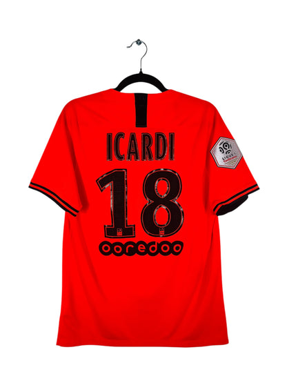 Maillot PSG 2019-2020 Extérieur Nike - Vue arrière flocage Icardi #18, taille M, couleur rouge/orange.