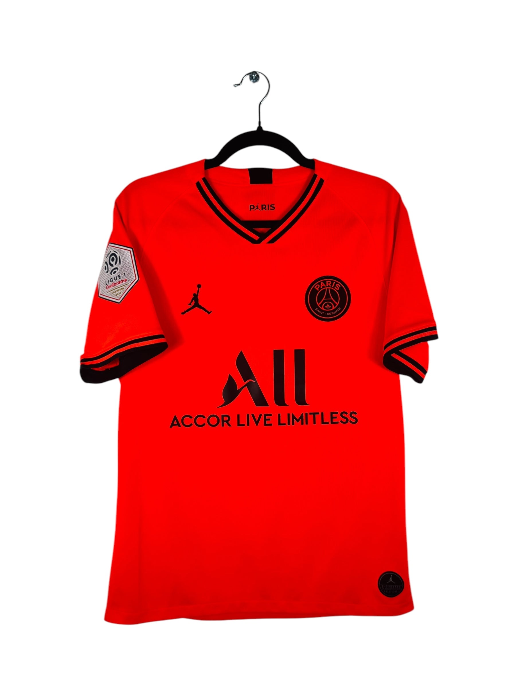 Maillot PSG 2019-2020 Extérieur Nike - Vue avant flocage Icardi #18, taille M, couleur rouge/orange.