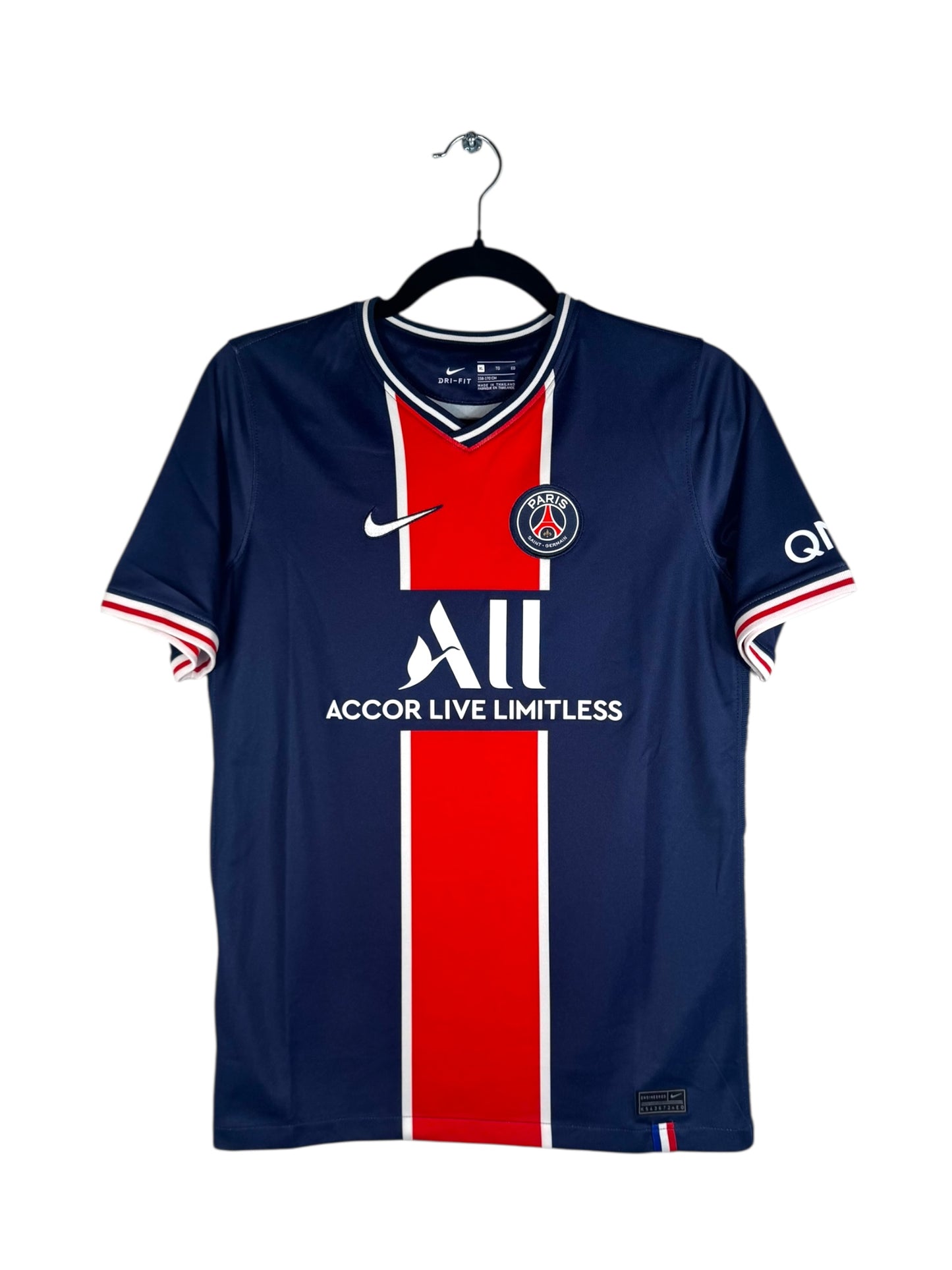 Maillot PSG 2020‑2021 domicile Nike vue avant écusson et sponsor