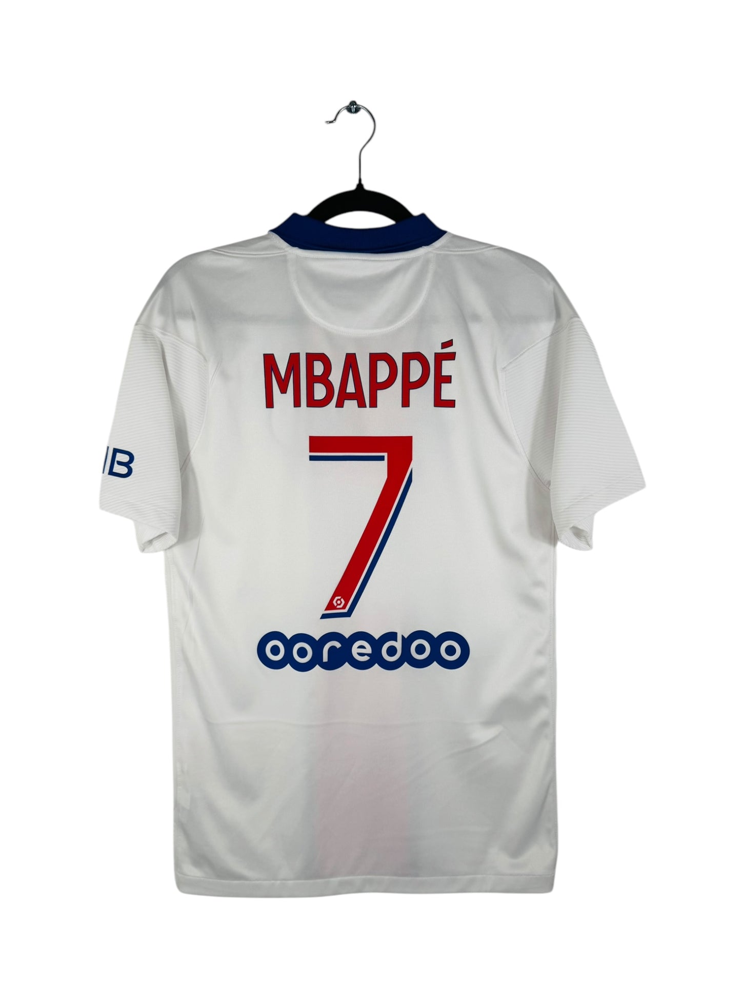 Maillot PSG 2020-2021 Extérieur Nike - Vue arrière flocage Mbappé N°7, taille S, couleur blanc/rouge.