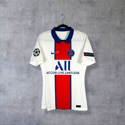 Maillot PSG 2020-2021 Extérieur Stock Pro Player Issue authentifié Nike blanc bande Hechter rouge flocage Mbappé N°7 sponsor ALL ère Pochettino taille S