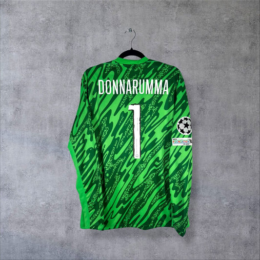 Dos du maillot gardien PSG 2024-2025 vert avec flocage Donnarumma numéro 1 et patch Ligue des Champions