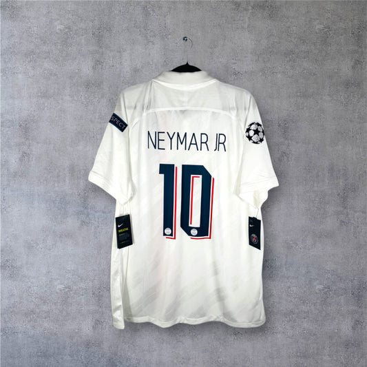 Dos du maillot PSG Third blanc neuf avec étiquettes, flocage NEYMAR JR 10 et patchs LDC.