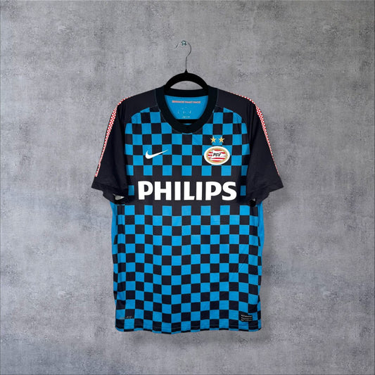 Maillot PSV Eindhoven extérieur 2011-2012 Nike de face, damier bleu et noir, sponsor Philips