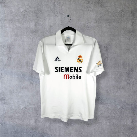 Face du maillot Real Madrid 2002-2003 domicile adidas à col polo avec sponsor Siemens mobile et logo du centenaire sur la manche