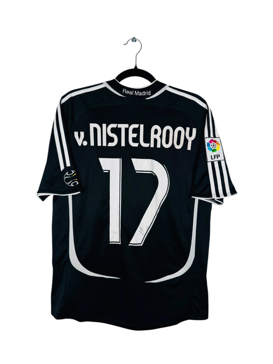 Maillot Real Madrid 2006-2007 Extérieur Adidas - Vue arrière flocage Van Nistelrooy N°17, taille S ou XL enfant, couleur noir.