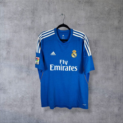 Face du maillot Real Madrid 2013-2014 exterieur bleu avec sponsor Fly Emirates