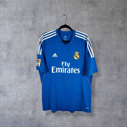 Face du maillot Real Madrid 2013-2014 exterieur bleu avec sponsor Fly Emirates