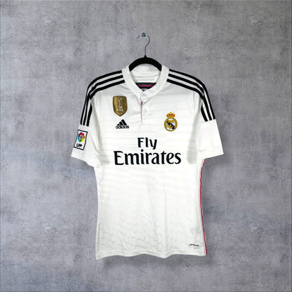 Face du maillot Real Madrid 2014-2015 domicile blanc à col boutonné sponsor Fly Emirates