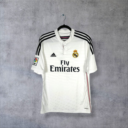 Maillot Real Madrid 2014-2015 domicile adidas face Fly Emirates col boutonné