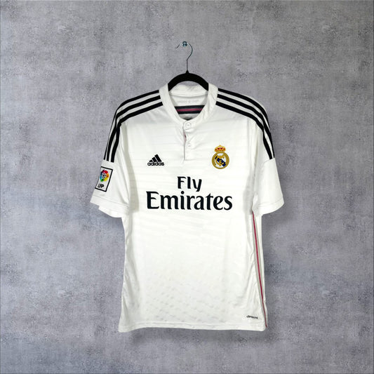 Maillot Real Madrid 2014-2015 domicile adidas face Fly Emirates col boutonné