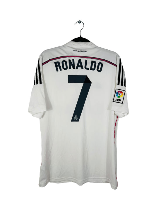 Maillot Real Madrid 2014-2015 Domicile Adidas - Vue arrière flocage Ronaldo N°7, taille S, couleur blanc.