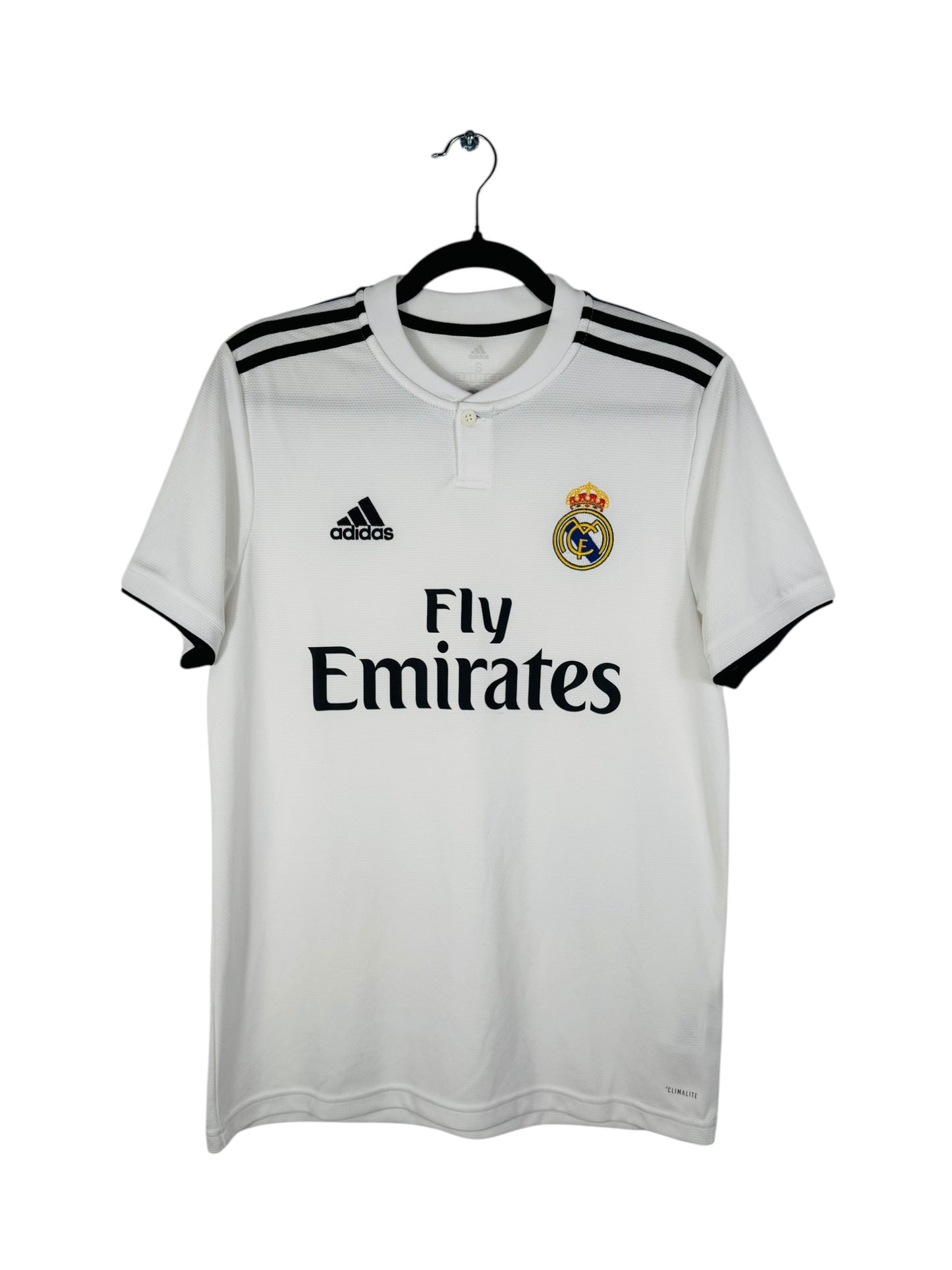 Maillot Real Madrid 2018-2019 Domicile Adidas - Vue avant, taille S, couleur blanc.