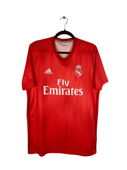 Maillot Real Madrid 2018-2019 Extérieur Adidas - Vue avant, taille L, couleur rouge.