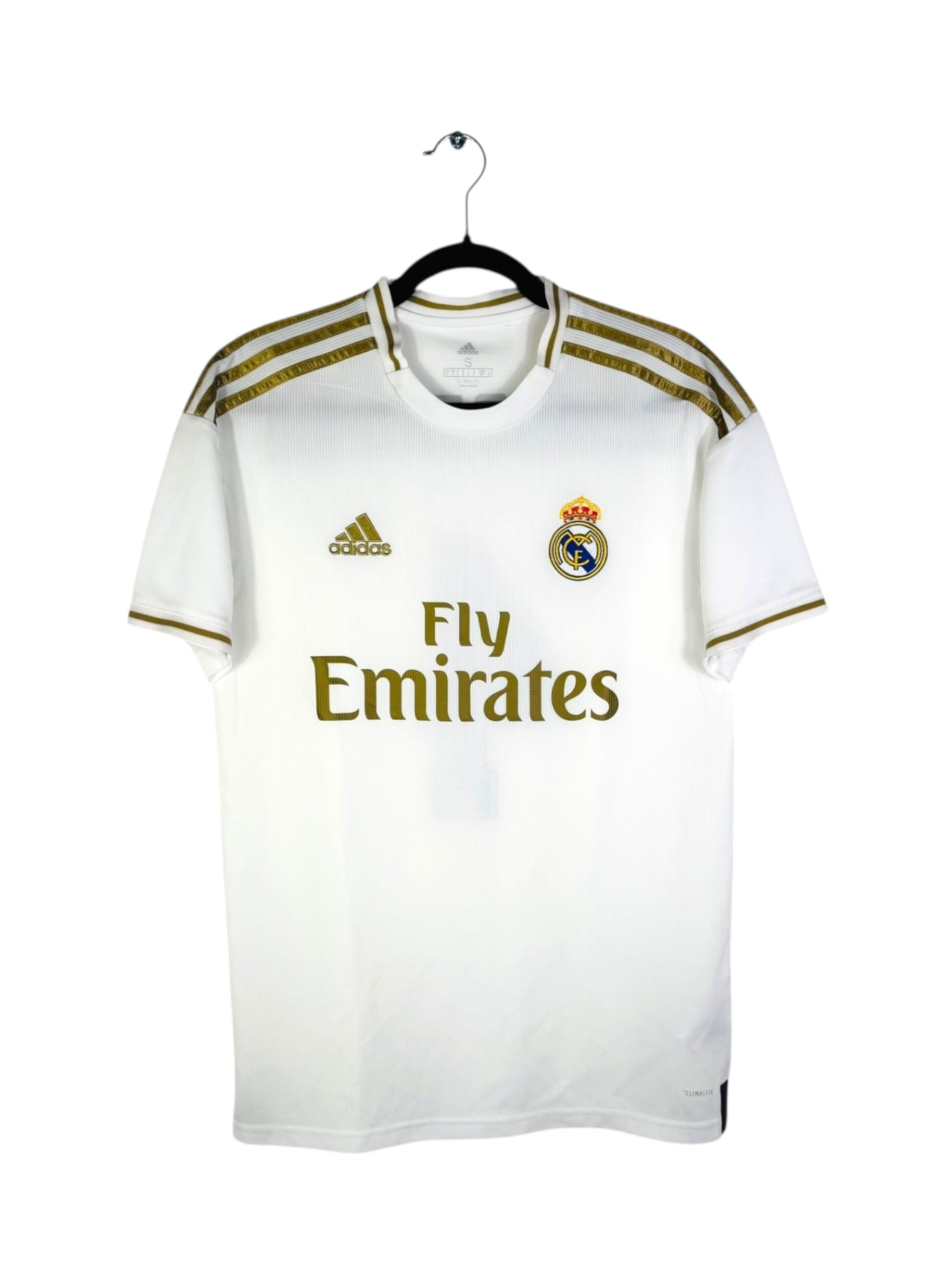 Maillot Real Madrid 2019-20 domicile blanc et or Adidas authentique vue de face.