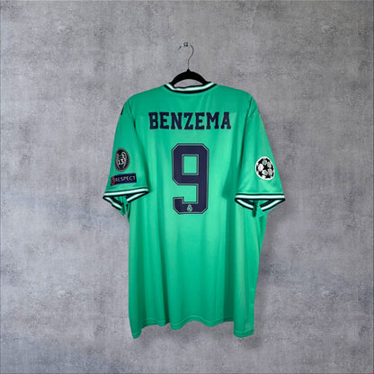 Dos du maillot Real Madrid 2019-2020 third vert avec flocage Benzema N°9 et patchs Ligue des Champions