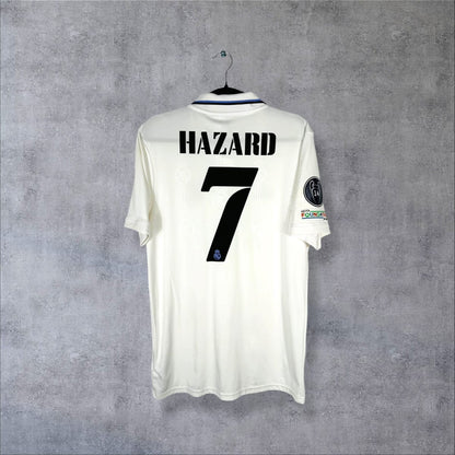 Dos du maillot Real Madrid 2022-2023 domicile avec flocage Hazard N°7, badge 14 Ligues des Champions et UEFA Foundation