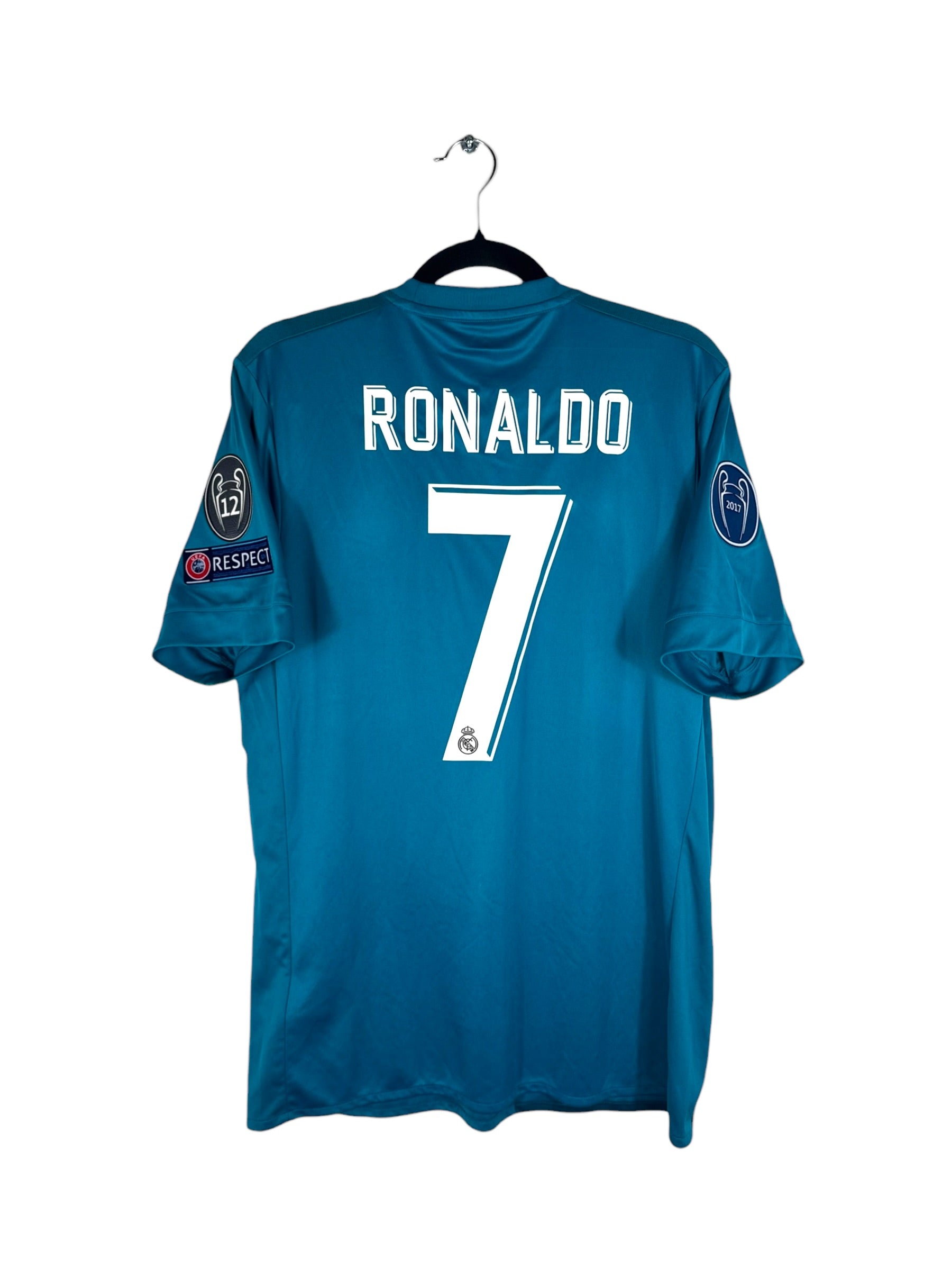 Dos du maillot Real Madrid Third bleu canard avec flocage RONALDO 7 et patchs LDC.