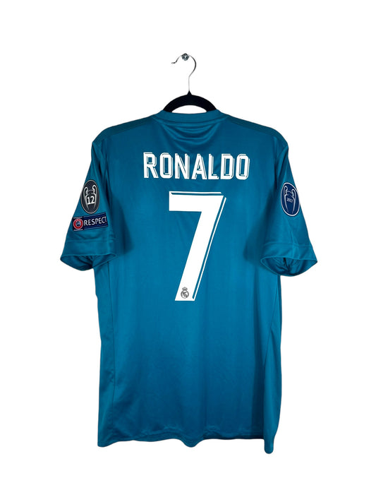 Dos du maillot Real Madrid Third bleu canard avec flocage RONALDO 7 et patchs LDC.