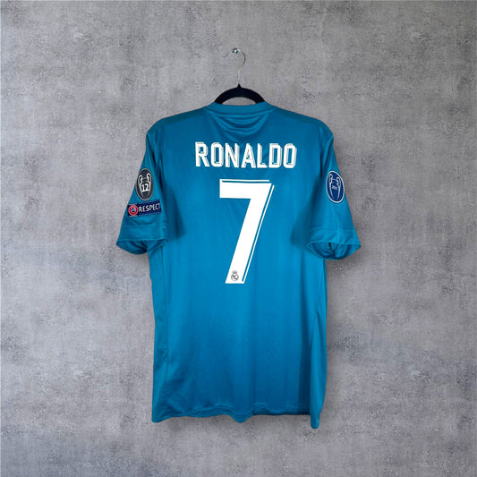 Dos du maillot Real Madrid Third bleu canard avec flocage RONALDO 7 et patchs LDC.