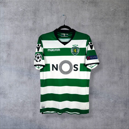 Maillot Sporting CP domicile 2017-2018 Macron face à rayures horizontales, sponsor NOS