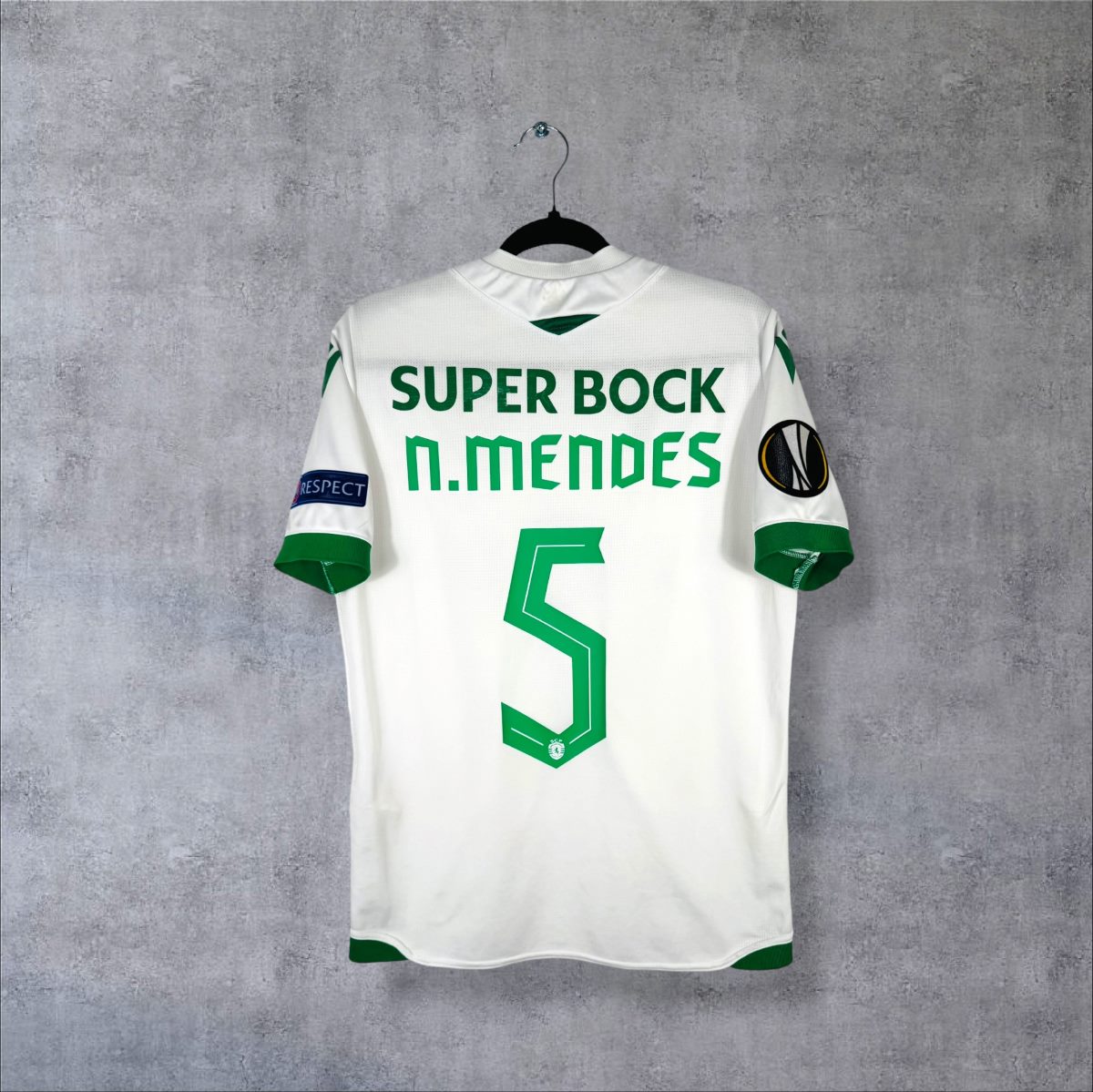 Maillot Sporting CP 2020-2021 third blanc, dos floqué N. Mendes 5, sponsor Super Bock