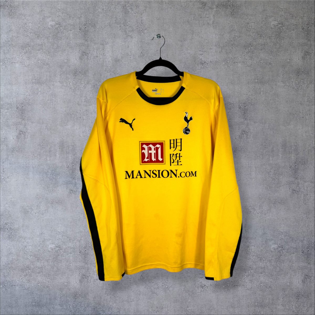 Face du maillot gardien Tottenham 2008-2009 Puma jaune manches longues avec sponsor Mansion.com