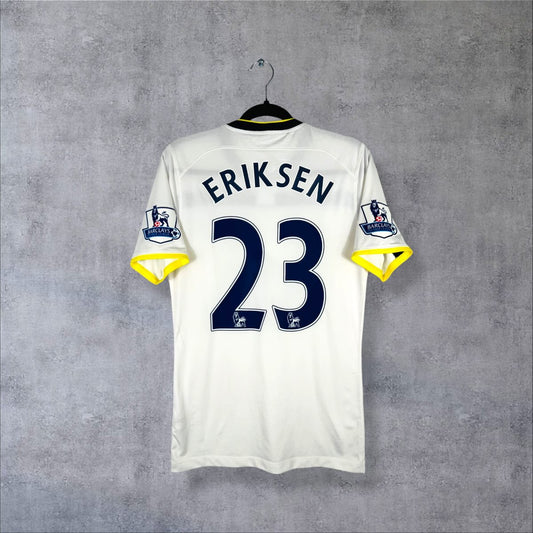Maillot Tottenham 2014-2015 domicile blanc, dos floqué Eriksen 23 et badges Premier League