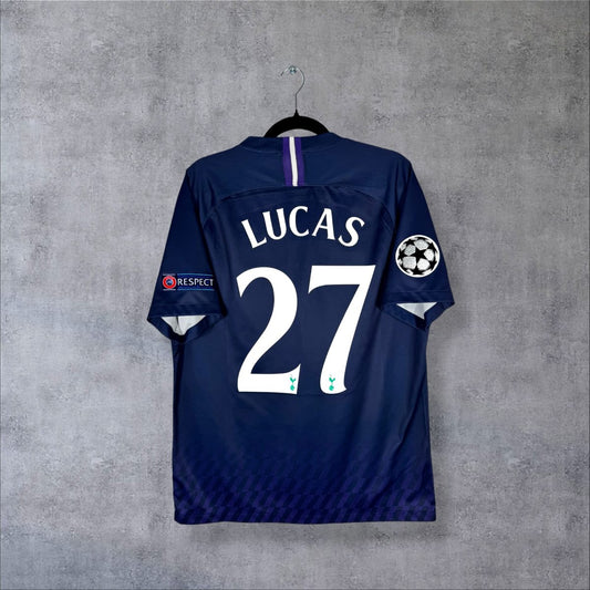 Dos du maillot Tottenham 2019-2020 extérieur bleu marine avec flocage Lucas N°27 et patch Champions League