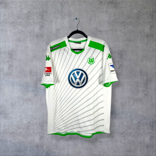 Face du maillot VfL Wolfsburg 2014-2015 extérieur Kappa blanc avec sponsor Volkswagen et col vert